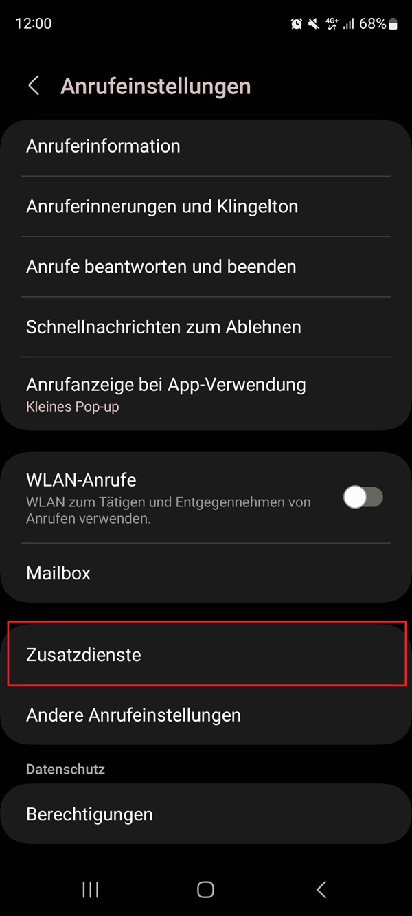 Screenshot von „Anrufeinstellungen“ mit Markierung von „Zusatzdienste“
