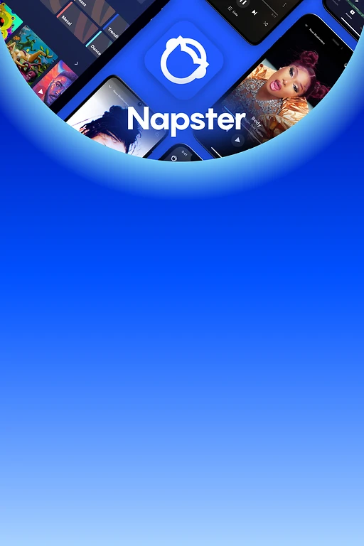  Mehrere Smartphones mit geöffneten Musik- und Streaming-Apps. In der Mitte ist das Napster-Logo sichtbar. 